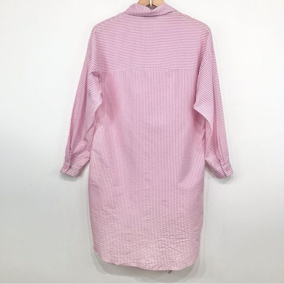 Bislife Pink White Candy Stripe Button Up Drawstring Tunic Top, Mini Dress NEW - Picture 10 of 16